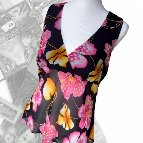 Y2K Black Tropical Floral Print V Neck Top - Picture 1 of 6